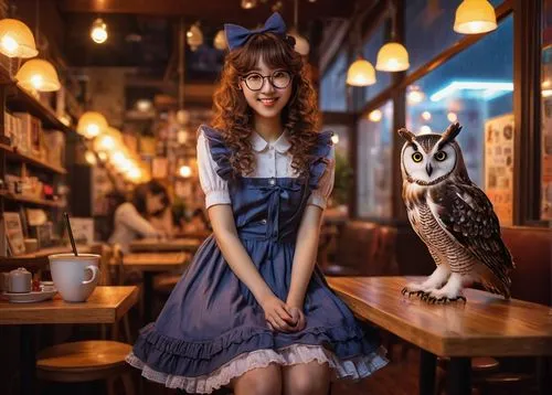 Cozy night owl cafe, Tokyo street, neon lights, misty rain, 20yo girl, Lolita fashion, curly brown hair, big round glasses, sweet smile, frilly dress, lace socks, Converse shoes, holding a cute owl pl