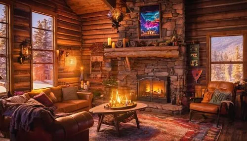 Cozy log home interior, warm wooden walls, stone fireplace, plush brown sofa, rustic wooden coffee table, vintage metal lamp, woven basket chair, natural fiber rug, earthy tone color scheme, candles o