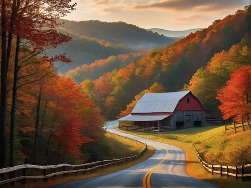 Mountainous landscape, IAA North Virginia, autumn season, vibrant foliage, rolling hills, dense forest, tall trees with orange and red leaves, winding mountain road, rusty guardrails, wooden fences, o