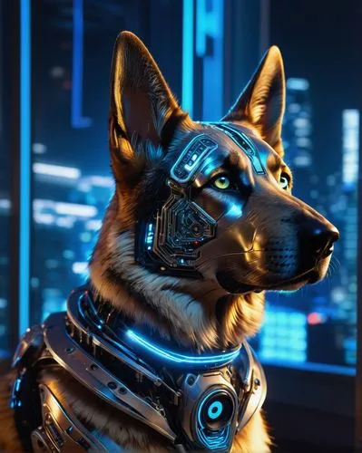 German Shepherd AI, robotic dog, shiny metallic body, glowing blue eyes, standing, futuristic cityscape, neon lights reflecting off metal, detailed circuitry patterns on body, holographic display scre