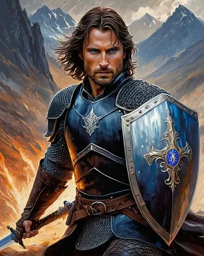 Aragorn, male, muscular, warrior, determined facial expression, short brown hair, blue eyes, worn leather armor, silver sword, shield with emblem, charging forward, dynamic pose, battlefield, misty mo