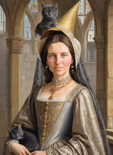 Princess Isabelle de Bourbon in a 15th century medieval dress with a British dark gray cat in her arms | on the princess's head there is a high medieval cone "hennin" without borders, it fits tightly 