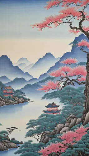 japanese art,cool woodblock images,japan landscape,oriental painting,japanese mountains,miyajima,kimono fabric,woodblock prints,honzen-ryōri,chinese art,japanese background,plum blossoms,the japanese tree,japanese floral background,mountain scene,khokhloma painting,sakura trees,cherry blossom japanese,takato cherry blossoms,japanese waves,Illustration,Realistic Fantasy,Realistic Fantasy 11