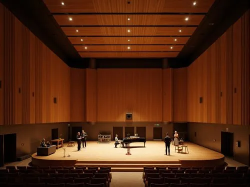 Intimate concert hall, wooden acoustic panels, sound-absorbing materials, curved lines, minimalist decor, warm ambient lighting, shallow stage, grand piano, professional audio equipment, microphone st