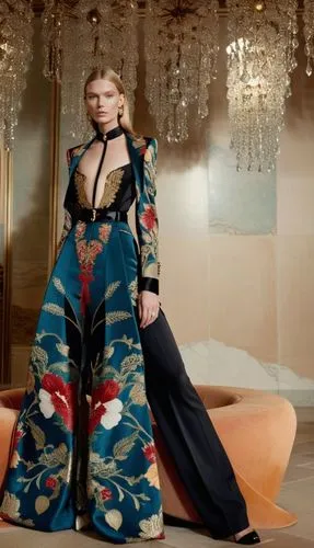 Fashion show ,a model poses in an embroidered gown with sheer neckline,seydoux,kimono,tahiliani,minogue,vogue,matador,Photography,General,Realistic