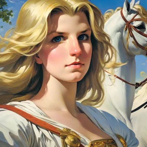 Amazon riding a horse, style of painting by Karl Bryullov,joan of arc,sagittarius,angel moroni,a white horse,white lady,portrait of a girl,constellation unicorn,white horse,fantasy portrait,palomino,b