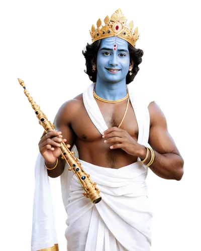 Lord Krishna, Indian deity, blue-skinned, crown, golden jewelry, white dhoti, holding flute, gentle smile, peaceful eyes, divine aura, soft focus, warm lighting, shallow depth of field, cinematic comp