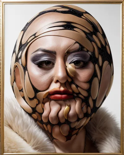 wooden mask,venetian mask,art deco woman,bodypainting,dali,chainlink,woman face,gold mask,decorative figure,golden mask,woman's face,fractalius,daruma,anonymous mask,face paint,vintage makeup,body painting,streampunk,fasnet,contour,Realistic,Fashion,Luxe Edge