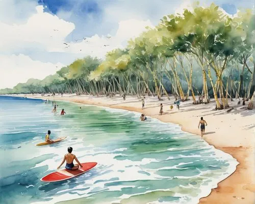 beach landscape,beach scenery,sea beach,waikiki beach,paradise beach,sentosa beach,watercolor palm trees,dadaepo beach,watercolor,klong prao beach,people on beach,sunrise beach,pantai teluk awur jepara,phuquoc,mountain beach,dream beach,watercolor background,marathias beach,watercolor painting,beautiful beach,Art,Classical Oil Painting,Classical Oil Painting 02