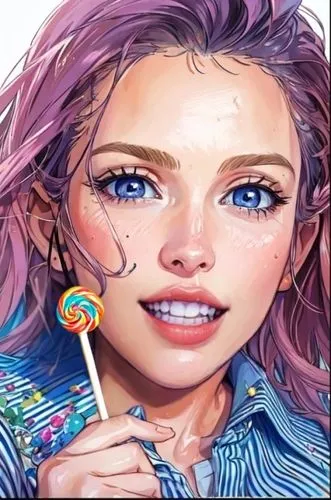 swirly lollipop, white stick,the digital painting shows a girl with a lollipop,mesmero,tiktok icon,marzia,fundora,kimberlain,lollius