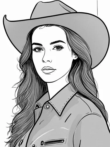 a drawing of a woman wearing a cowboy hat,akubra,coloring page,cowgirl,sheriden,longmire,sheriff,Design Sketch,Design Sketch,Rough Outline