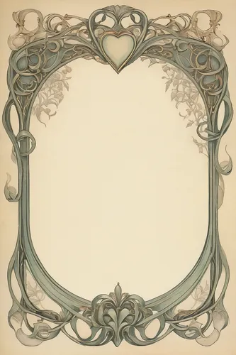 Construct a romantic art nouveau frame with delicate curves and ornate details for a love letter.,art nouveau frame,art nouveau frames,decorative frame,frame border illustration,heart shape frame,art 