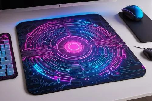 Unique mouse pad, futuristic sci-fi theme, neon blue and pink glow, intricate circuitry patterns, metallic texture, rounded edges, ergonomic shape, soft padding, subtle LED lights, ambient gradient ba