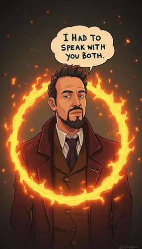 Draw in anime style: An image of a goatee Doctor Faustus is surrounded by a glowing amber arcane circle. A bubble of lettering floating above his head says, "I had to speak with you both",a cartoon im