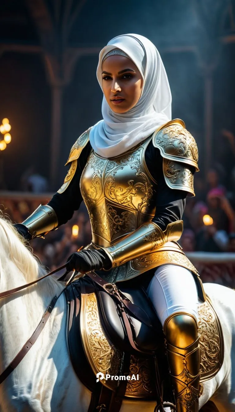 Muslim female knight. white hijab. The outer hijab dangles with the movement, riding a sturdy horse that is prancing., wearing gold titanium metal pants, titanium metal vest and titanium gild metal bo