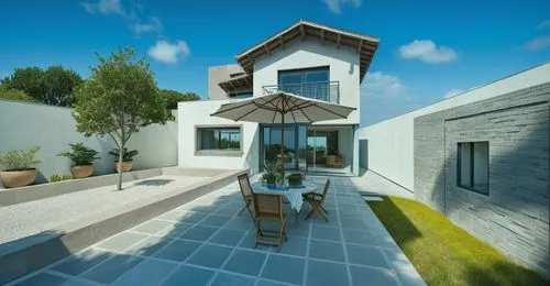 holiday villa,modern house,inverted cottage,3d rendering,dunes house,roof landscape,terraza,mid century house,mykonos,pool house,roof terrace,santorini,paros,residential house,cubic house,terrasse,terrace,private house,courtyard,small house,Photography,General,Realistic