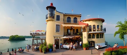 "doll village where the fasades is doll, and the rest is real".

the sun is high in the sky, casting a golden glow over the bustling streets. Lunchtime crowds gather in parks and outdoor seating areas