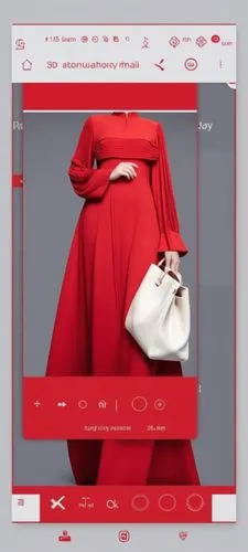 3d fashion drawing of women red  long maxi red abaya fashion Muslim hijab with the pelisee and a lot of pleats on   sleeves pleated sleeves and elastic on the hand of the sleeves abaya with 
 red  col