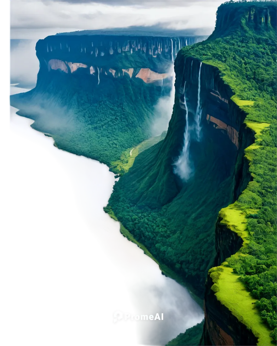 Guyana outline map, South American country, border with Brazil, Venezuela, Suriname, Atlantic Ocean coastline, Essequibo River, Kaieteur Falls, Mount Roraima, dense rainforest, rugged terrain, misty a