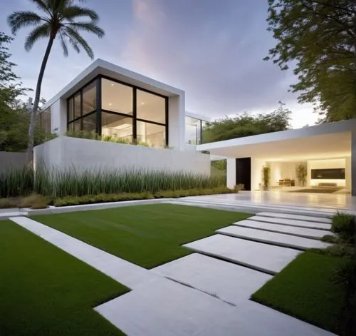 Diseño exterior de una casa moderna estilo minimalista combinando muros de color blanco con muros de tabique aparente, herrería de aluminio con cristal, fotografía hiperrealista, fotografía arquitectó