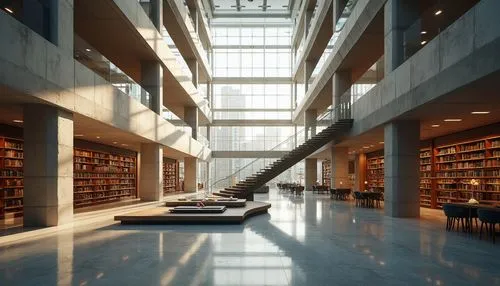 Modern library, structuralism style, grand atrium, open staircase, cantilevered floors, glass ceiling, steel beams, concrete pillars, minimalist decoration, abundant natural light, comfortable reading