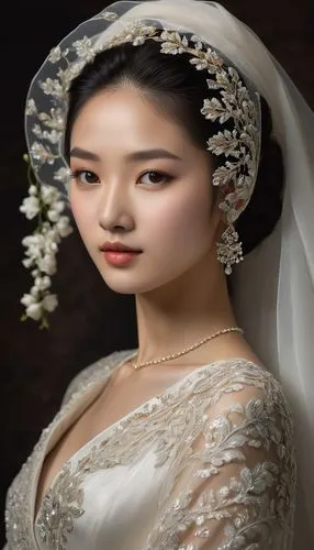 Concept art of a girl dressed in a luxurious gown with intricate details and wearing a delicate, transparent veil over her hair, which is styled elegantly. She is portrayed in a three-quarter view, tu