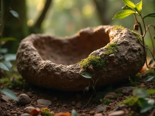 Earthy mud texture, natural material, organic structure, brown color palette, rough irregular shape, hand-sculpted details, botanical elements, vines wrapped around, tiny pebbles embedded, moss growin