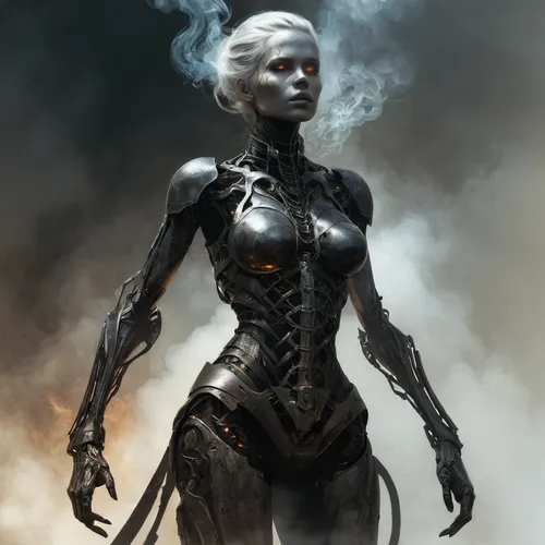 dark elf,humanoid,cyborg,sci fiction illustration,biomechanical,alien warrior,smoke dancer,sci fi,widow,female warrior,andromeda,smoking girl,voodoo woman,scifi,a200,warrior woman,fantasy woman,terminator,cybernetics,charred,Conceptual Art,Fantasy,Fantasy 12