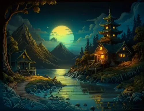 a full view of the night, and landscape with buildings by the water,cartoon video game background,fantasy picture,fantasy landscape,fairy village,night scene,elves country,Illustration,Abstract Fantas