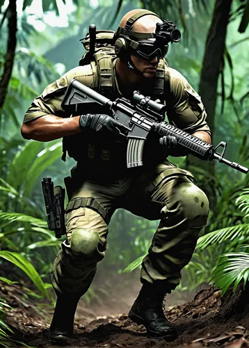 video game character, Tom Clancy's Ghost Recon, Jungle Storm, soldier, tactical gear, camouflage uniform, face paint, assault rifle, night vision goggles, crouching position, dense jungle environment,