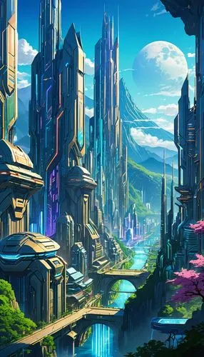 futuristic landscape,fantasy city,fantasy landscape,ancient city,citadels,cybercity,cyberia,aurora village,areopolis,cybertown,cityscape,fantasy world,skylands,metropolis,skyterra,cyberport,meteora,ecotopia,3d fantasy,kinkade,Illustration,Japanese style,Japanese Style 03