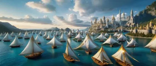 sailing boats,sailing ships,sailboats,gondolin,fantasy picture,fantasy landscape,sailing boat,boat landscape,sea sailing ship,sailing,3d fantasy,sail boat,flotilla,sea fantasy,dinghies,sailing ship,longships,row boats,boats,wooden boats