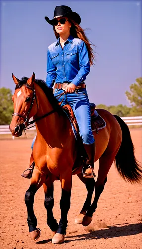 Riders, horseback, men and women, cowboy hat, sunglasses, long hair, facial stubble, leather boots, denim pants, western-style shirt, horse reins, galloping, jumping, riding in tandem, sunny day, soft