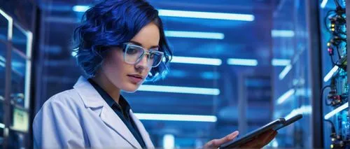 Futuristic, high-tech laboratory interior, female scientist, 25yo, short blue hair, glasses, white lab coat, pocket protector, holding a futuristic tablet, standing, metallic background, neon lights, 