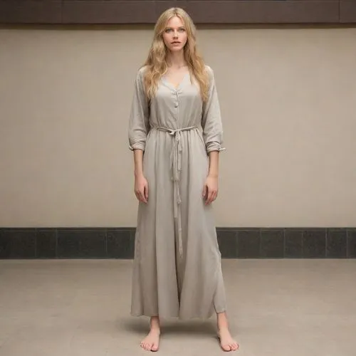 full body side view:(female prisoner)(barefooted, barefoot, bare feet)(simple prisoner clothes ragged)(normal ideal human proportions, real human proportions)(long shoulderlong hair, open flaxen-blond