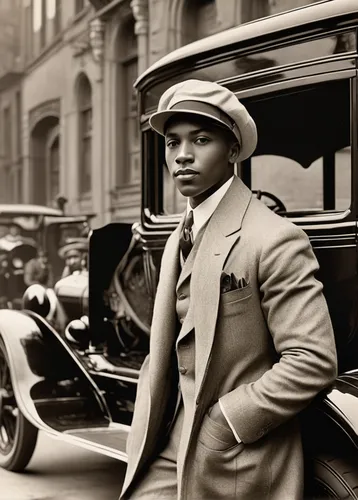 fashionista from the 20s,black businessman,1920s,roaring twenties,1920's,1920's retro,jackie robinson,roaring 20's,a black man on a suit,rolls royce 1926,gentleman icons,african businessman,al capone,ford model a,roaring twenties couple,marsalis,vintage cars,ford motor company,1929,vintage car,Illustration,Realistic Fantasy,Realistic Fantasy 21