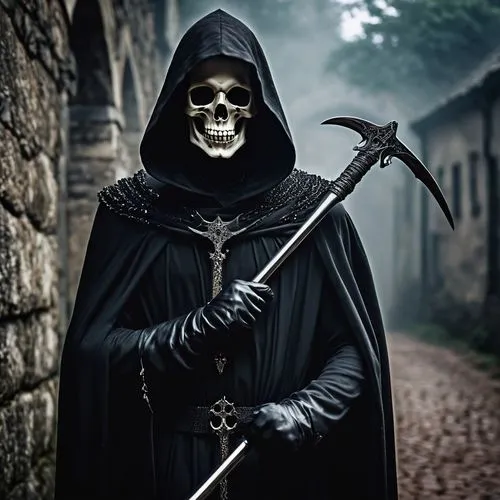 Grim Reaper, male, pale skin, dark circles under eyes, black hooded cloak, scythe in hand, bony fingers, pointed at viewer, ominous gaze, eerie atmosphere, dim lighting, foggy background, Gothic archi