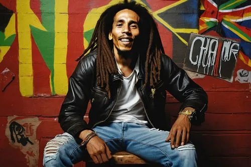 Rastafarian man, Bob Marley, solo, reggae legend, dreadlocks, relaxed facial expression, sunglasses, gold chain, black leather jacket, white shirt, ripped blue jeans, bare feet, sitting on a wooden st