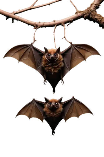 Dark brown bats, folded wings, perched on branches, nocturnal creatures, small eyes, pointy ears, furry bodies, hanging upside down, solitary, gothic atmosphere, dim lighting, high contrast, detailed 