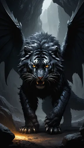 Black, fluffy, huge fantastic beast from another planet, on four legs, similar to a saber-toothed black tiger, black wings, strong paws, black eyes, darkness, cave background, very dark background,,gr