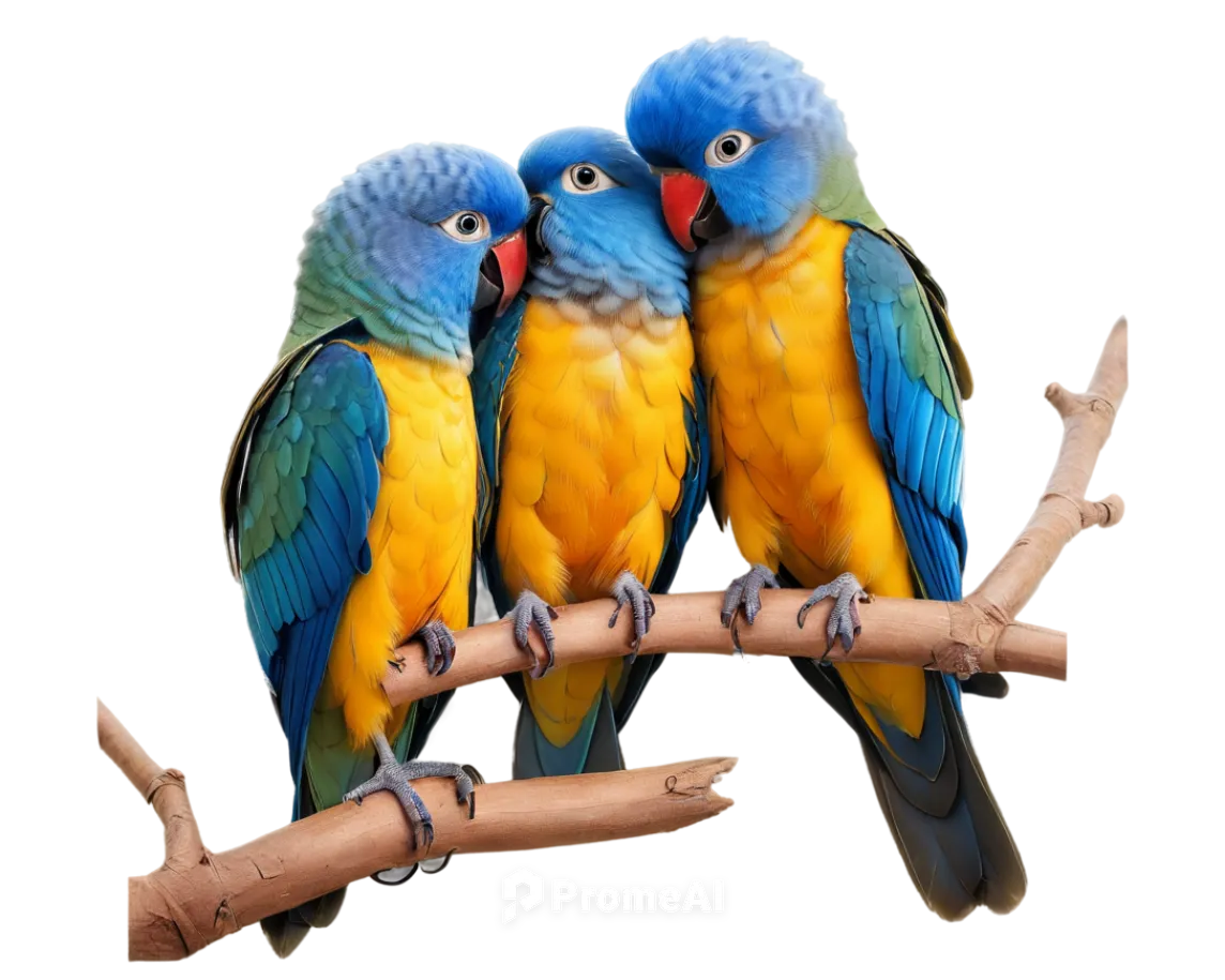 Lovely pair of lovebirds, perched on a branch, colorful plumage, vibrant blue and yellow feathers, tiny beaks, sparkling eyes, gentle gaze, tenderly touching beaks, soft focus, warm lighting, shallow 