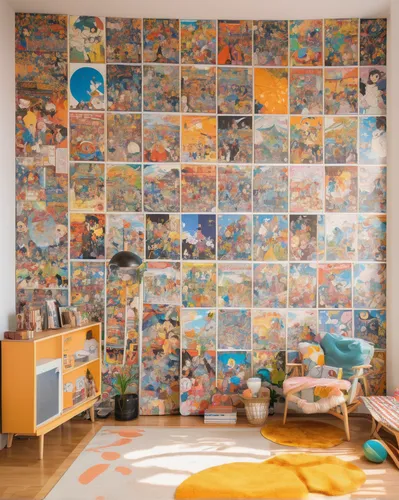 Describe a cozy anime-themed apartment where the walls are covered in posters of popular anime characters.,children's bedroom,kids room,children's room,boy's room picture,baby room,the little girl's r