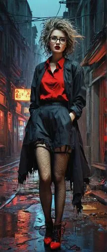 world digital painting,photoshop manipulation,maraschino,woman walking,girl in a historic way,pedestrian,cyberpunk,man in red dress,photomanipulation,red shoes,girl walking away,walking in the rain,a pedestrian,lady in red,marylyn monroe - female,streampunk,woman thinking,photo manipulation,girl in a long,cruella de ville,Illustration,Paper based,Paper Based 29