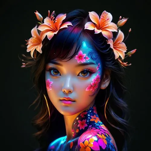 bodypaint,bodypainting,body painting,neon body painting,digital painting,flower painting,world digital painting,colorful floral,fantasy portrait,face paint,girl in flowers,flower fairy,beautiful girl with flowers,vietnamese woman,mongolian girl,imaginasian,face painting,geisha girl,oriental girl,digital art