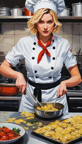 Craft a humorous narrative about Cristis, a clumsy chef who enters a cooking competition with disastrous but hilarious results.,girl in the kitchen,cooking book cover,woman holding pie,cooktop,chef,fo