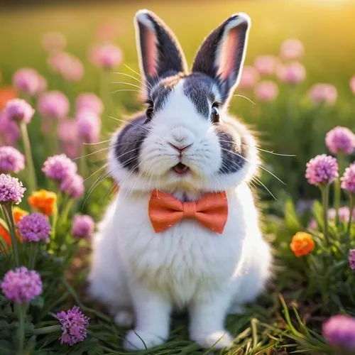 Happy AI bunny, cute face, pink nose, twitching whiskers, fluffy white ears, shiny black eyes, adorable eyelashes, sitting on a colorful meadow, surrounded by blooming flowers, holding a carrot stick,