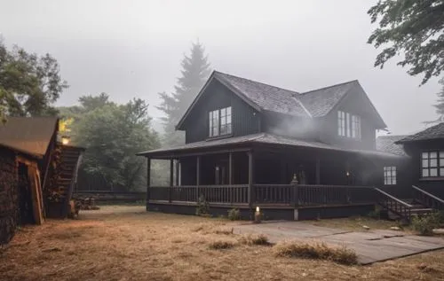 an outdoor area with a house in the fog,house in the forest,witch house,ravenswood,creepy house,forest house,the cabin in the mountains,witch's house,huset,summer cottage,wooden house,marylhurst,story