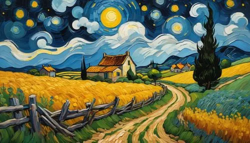 starry night,vincent van gough,vincent van gogh,motif,post impressionism,farm landscape,home landscape,rural landscape,corn field,art painting,oil painting on canvas,church painting,landscape background,cornfield,david bates,wheat field,night scene,farm background,straw field,yellow grass,Illustration,Vector,Vector 12