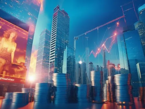 an image of a city with many stacks of coins,financial world,skyscrapers,investnet,fininvest,alpinvest,capital markets,Photography,General,Realistic