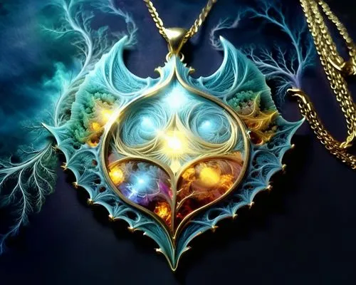 mesmerizing fractal ful colors,an elaborate necklace that has been placed next to trees,pendant,pendants,pendentives,locket,pendent,amulet,Illustration,Realistic Fantasy,Realistic Fantasy 02